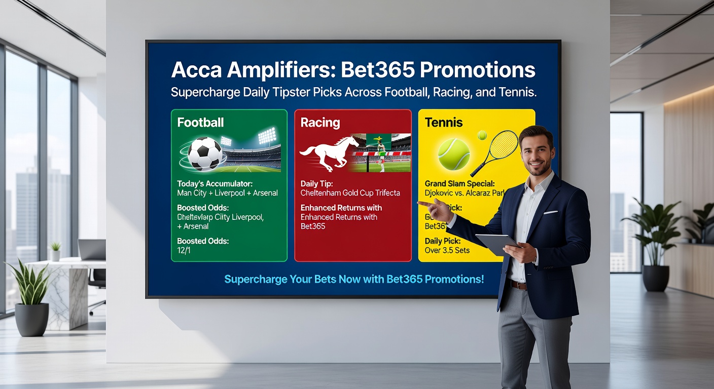 Vibrant scene of a tipster's dashboard highlighting Bet365 acca boosts on a split-screen of galloping horses, soccer action, and tennis rallies