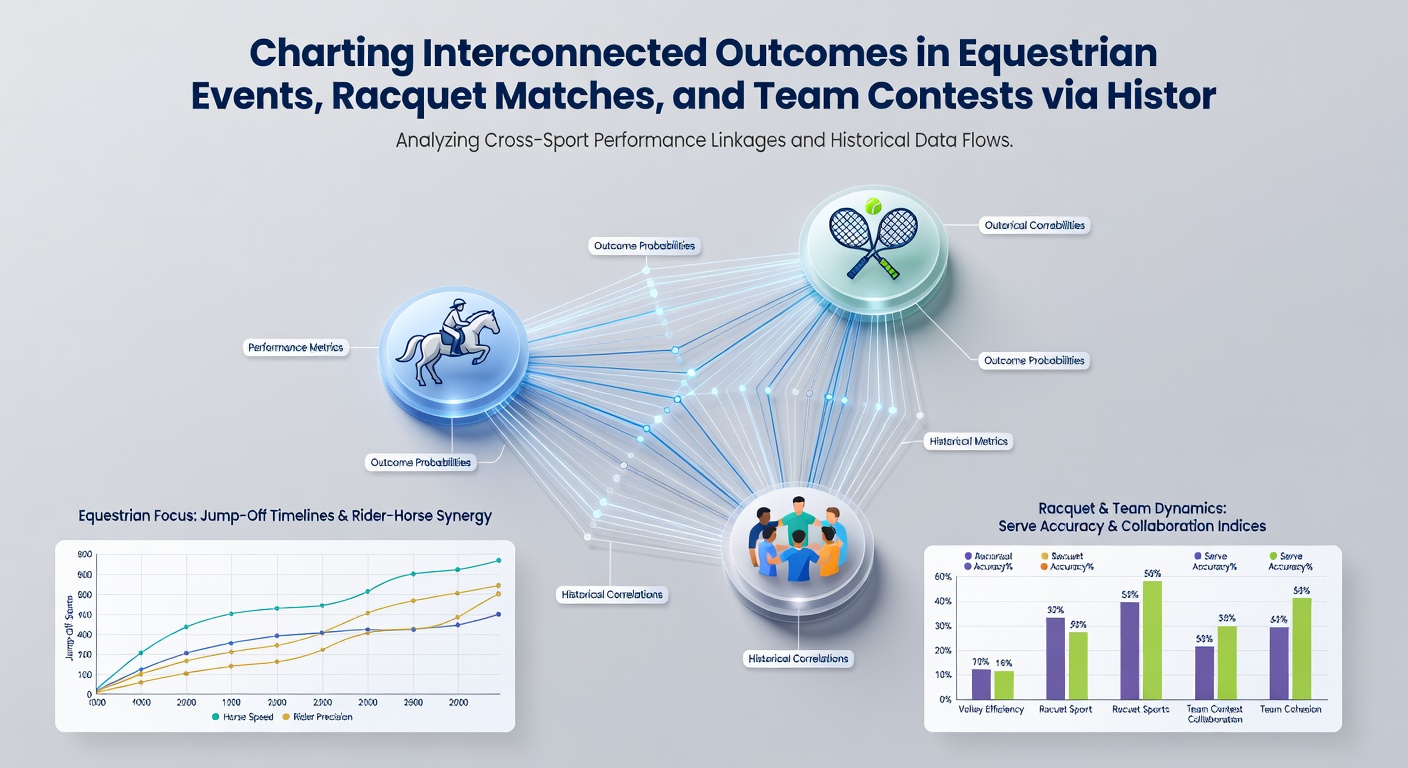 Data visualization of interconnected outcomes from equestrian, racquet, and team contest datasets