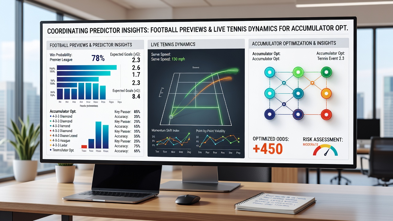 Live tennis match dashboard showing real-time stats alongside accumulator bet slip