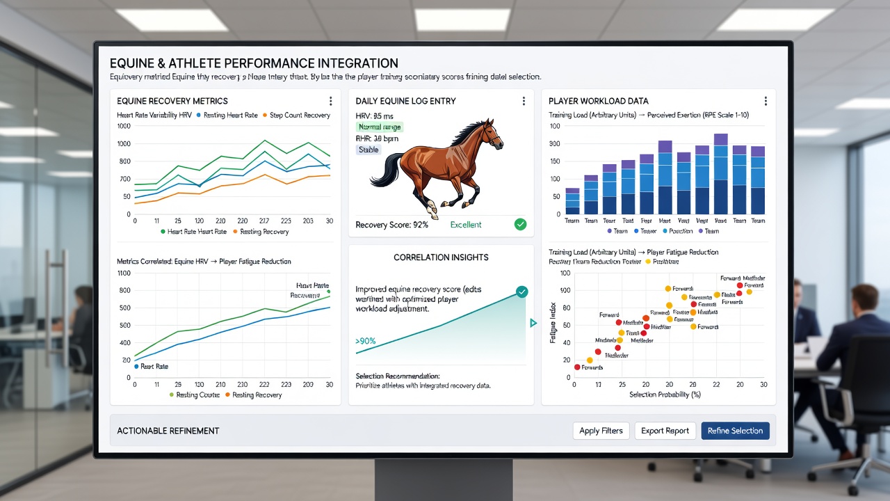 Dashboard interface displaying synchronized equine and human performance metrics used in cross-disciplinary athlete and horse selection processes