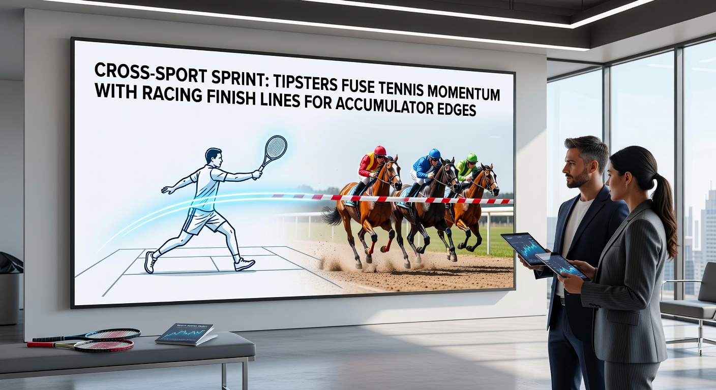 Dynamic split-image of a tennis player mid-rally transitioning to horses charging toward the finish line, symbolizing tipster accumulator fusion
