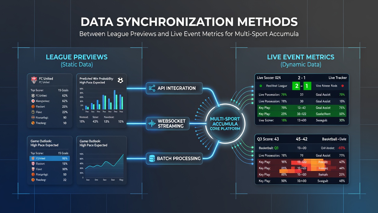 Live metrics dashboard illustrating real-time synchronization between football, tennis, and racing data streams for accumulator adjustments
