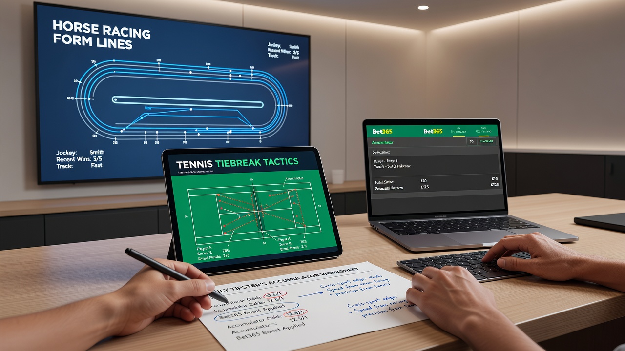 Analysts tracking in-play tennis tiebreaks and horse racing updates for accumulator adjustments