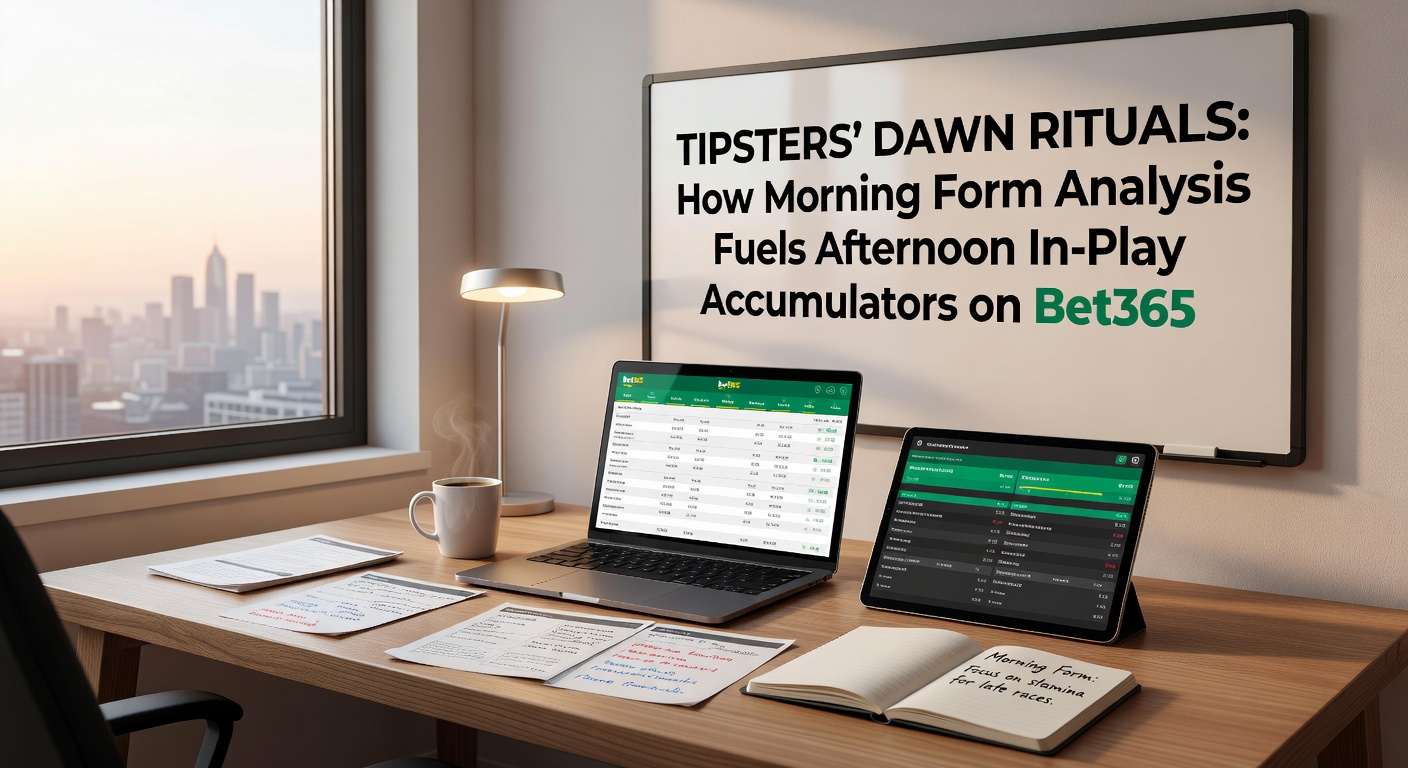 Close-up of a tipster's laptop displaying live Bet365 in-play odds for a horse race accumulator, overlaid with morning form annotations
