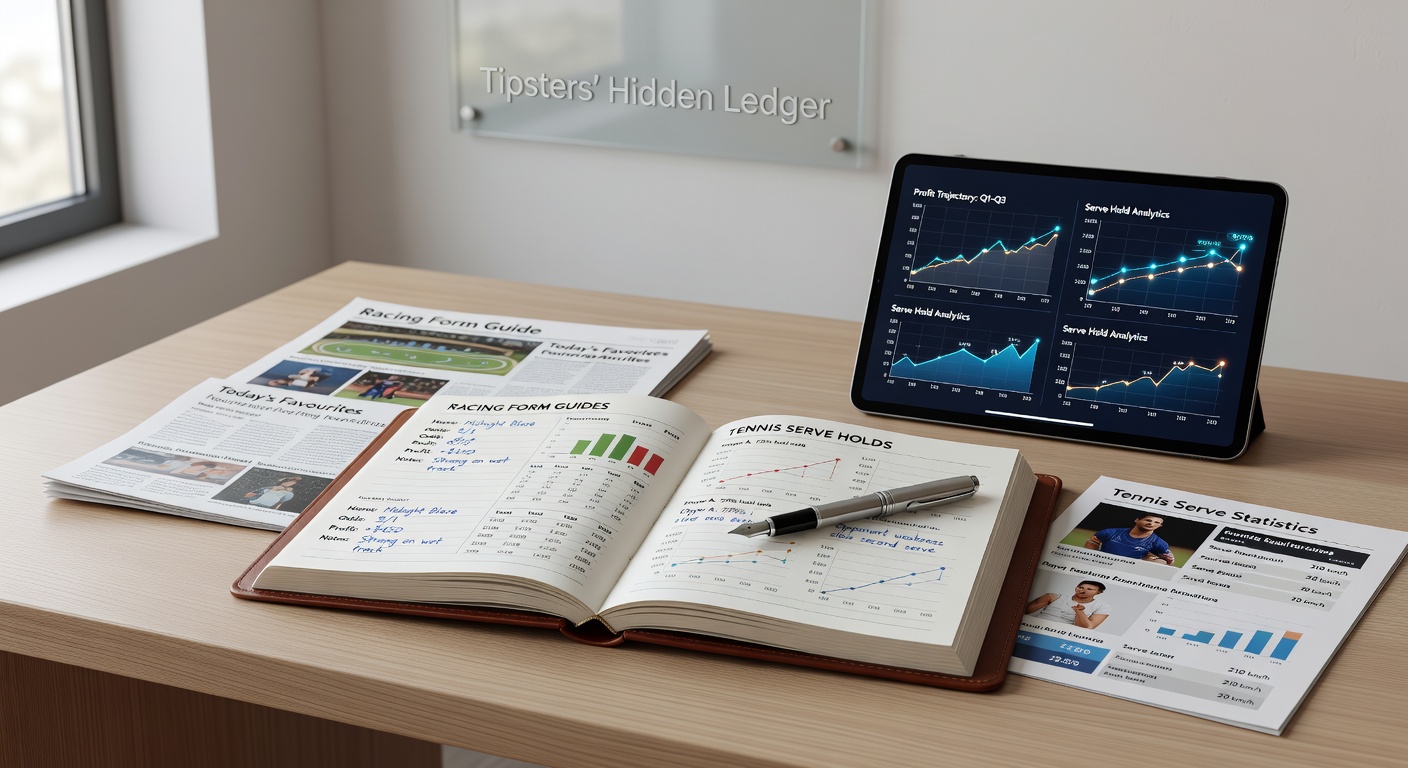 Close-up of a tipster's notebook beside a laptop, annotated with tennis serve stats and racing form clippings, graphs plotting profit lines intersecting at key match and race points