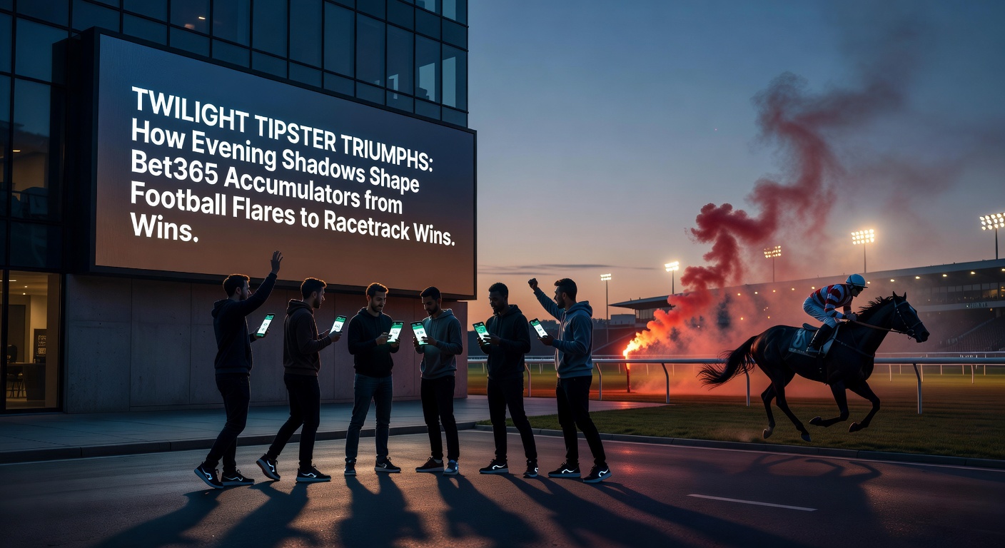 Tipster analyzing Bet365 screen with evening football highlights and horse racing replays, shadows casting over data charts