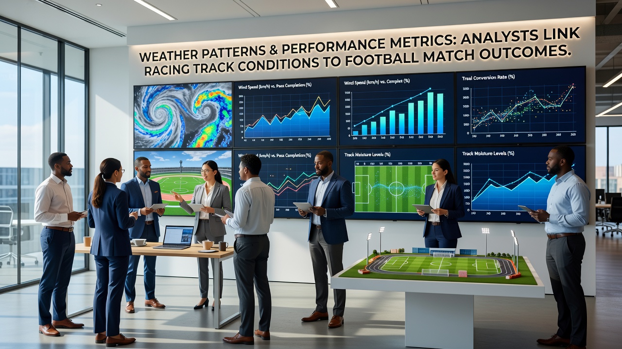 Analysts reviewing multi-sport performance charts that overlay weather metrics with racing times and football results